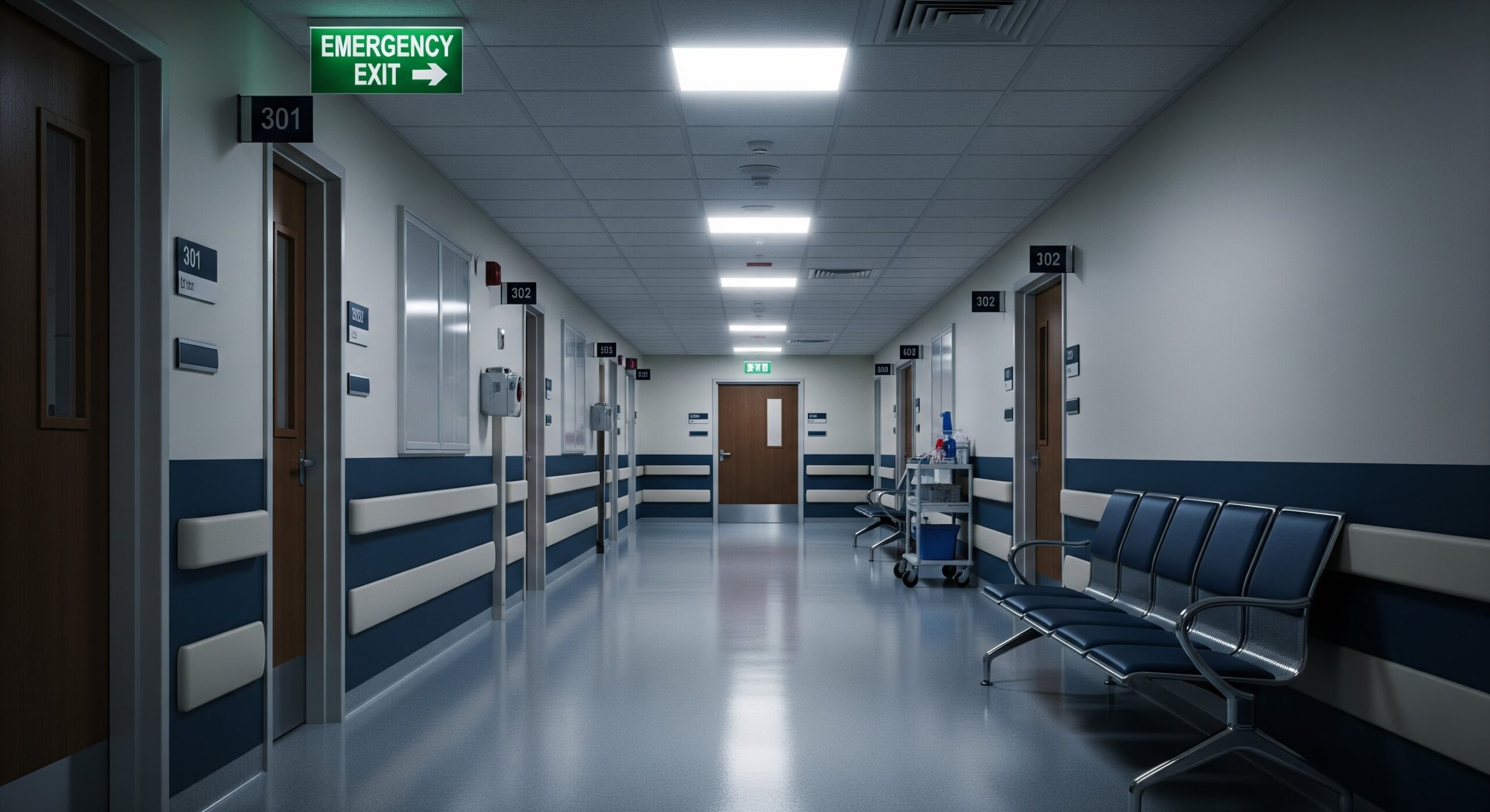 Corredor de hospital limpo e bem iluminado, com portas de quartos, assentos na parede, carrinho de suprimentos e sinais de emergência, ideal para situação de emergência médica.